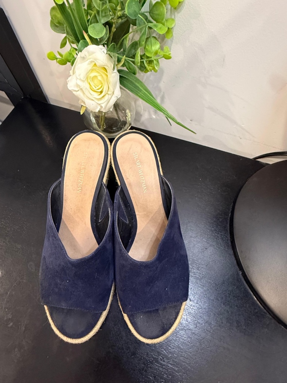 Stuart Weitzman Navy Suede Espadrille Mules